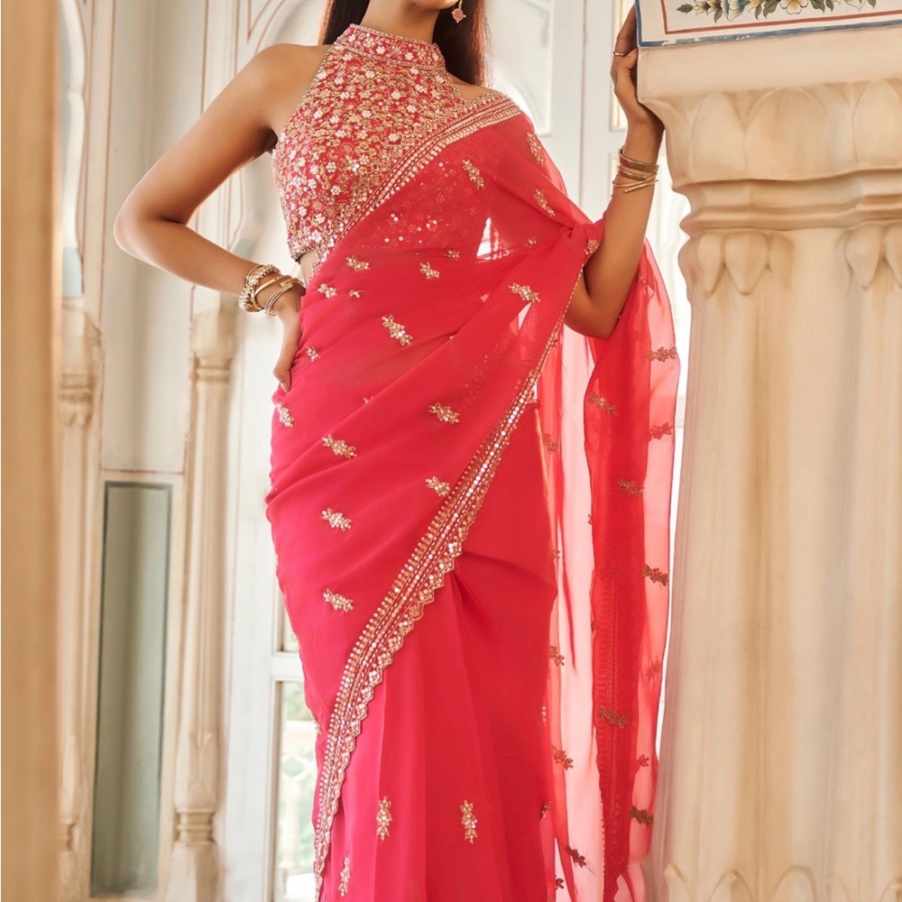 Hot Pink Embroidered Viscose Organza Saree